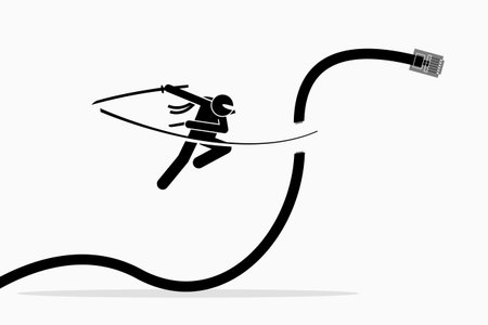 Ninja cuts telephone cable. Vector artwork depicts the concept of wireless connection.のイラスト素材