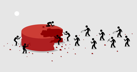 Many people rushing and scrambling to cut off a portion from a big piece of pie for themselves. Vector artwork depict profit distribution, earnings allocations, and extracting shares.のイラスト素材