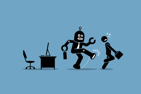 Robot employee kicks away a human worker from doing his computer job at office. Vector artwork depicts automation, future concept, artificial intelligence, and robot replacing mankind.のイラスト素材