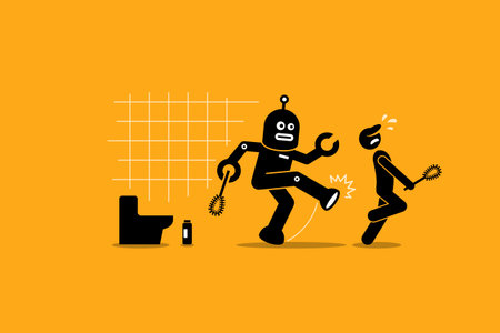Robot cleaner kicks away a human janitor worker from doing his cleaning job at toilet. Vector artwork depicts automation, future concept, artificial intelligence, and robot replacing mankind.のイラスト素材