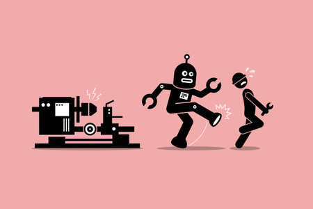 Robot mechanic kicks away a human technician worker from doing his job at factory. Vector artwork depicts automation, future concept, artificial intelligence, and robot replacing mankind.のイラスト素材