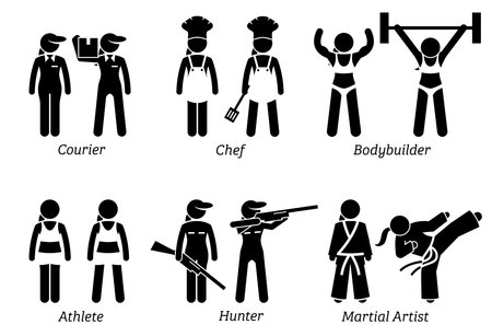 Jobs, Works, and Occupations for Women. Artworks depict lady courier worker, female chef, woman hunter, female athlete, bodybuilder, and girl martial artist.のイラスト素材