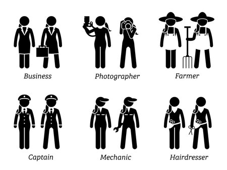 Jobs, Works, and Occupations for Women. Artworks depict businesswoman, female photographer, woman farmer, female captain, lady mechanic, and woman hairdresser.のイラスト素材