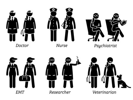 Healthcare Jobs, Works, and Occupations for Women. Artworks depict female doctor, nurse, woman psychiatrist, girl EMT, lady researcher, and female veterinarian.のイラスト素材