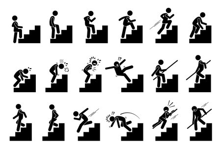 Man with Staircase or Stairs Pictogram. Cliparts depict various actions of a person with stairs.のイラスト素材