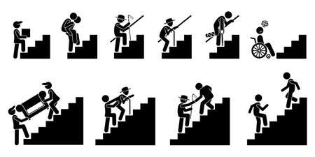People on Staircase or Stairs. Cliparts pictogram depicts different person in actions on stairs.のイラスト素材