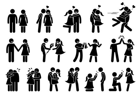 Happy Couple and Lover. Boyfriend and girlfriend love each others. Stick figures depict a couple kissing, holding hand, giving gifts, high five, consoling, hugging, cuddle, and marriage proposal.のイラスト素材