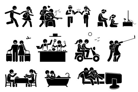 Happy Lover Couple Activities. Stick figures depict boyfriend and girlfriend dating and doing various indoor and outdoor activities together.のイラスト素材