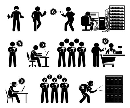 Cryptocurrency. Pictogram artwork depicts people using digital currency to buy and transfer  money. Illustrations also show how a person mining and stealing cryptocurrency with computers and servers.のイラスト素材