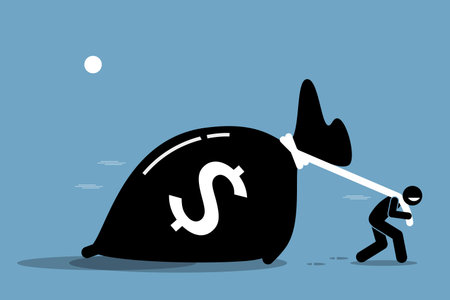 Man pulling a big bag of money. Artwork illustration depicts reward, hard work, and profit.のイラスト素材