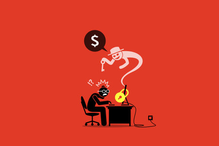 Ransomware locking a computer and asking for money. Artwork illustration depicts Internet ransomware, virus, security  breached and computer data locked by cyber syndicate criminal.のイラスト素材