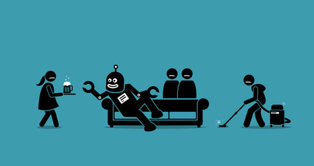 Human has become the servant for robot. The robot has become the master and make mankind its slave. Artwork illustration depicts AI, artificial intelligence, and machine taking over humanity.のイラスト素材