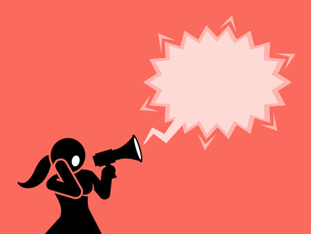 A woman shouting through a megaphone or loudspeaker. The girl is announcing an important announcement  and requires attention from the public.のイラスト素材
