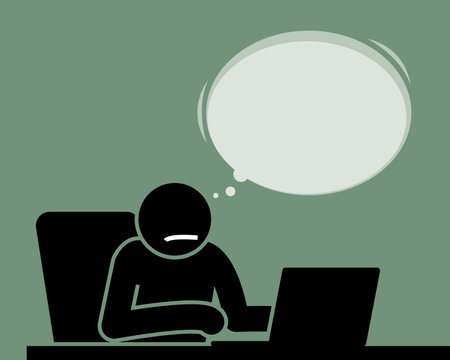 Man using a laptop and thinking of something. He is feeling bored, dull, and tired. He thinks whatever he is doing and seeing are uninteresting.のイラスト素材