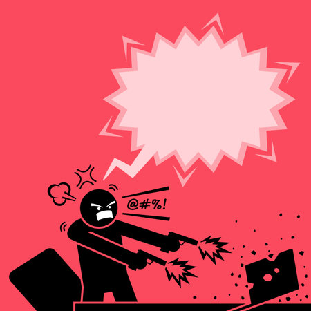 Man shooting at a computer with two guns because he is very angry at the laptop. He destroys the laptop by firing bullets to it. The computer is totally destroyed by the enraged man.のイラスト素材