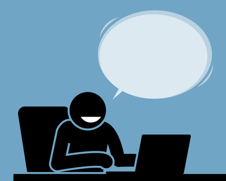 Man is feeling satisfied using his laptop. He is feeling happy and smiling at the computer screen while saying something with the bubble speech.のイラスト素材