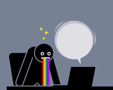 Man is amazed and puking out rainbow saliva by the content he sees from his computer screenのイラスト素材