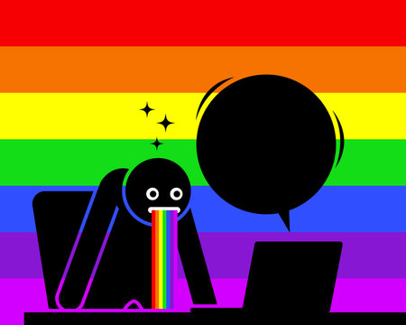Man is amazed and puking out rainbow saliva by the content he sees from his computer screen. He is impressed, startled, and astonished by the news, information, and things showing on the Internet.のイラスト素材