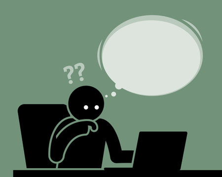 Man thinking and feeling confused viewing computer screenのイラスト素材