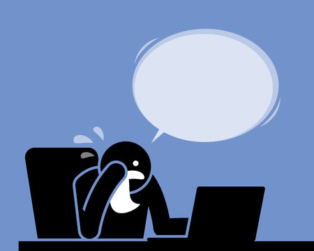 Man crying, weeping, and sobbing with a handkerchief while using the computerのイラスト素材