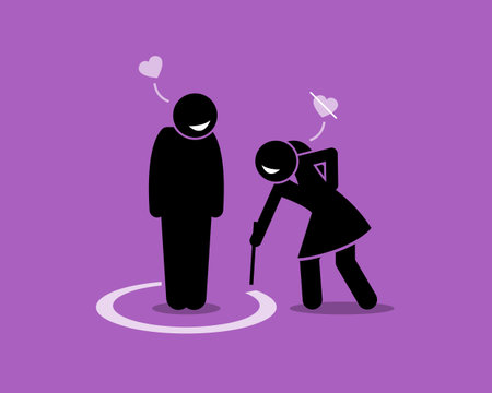 Friend Zone Concept Illustration. Vector artwork depicts a man is friendzoned by a girl. She draw a circle around the man to signify a boundary between their friendship and actual love.のイラスト素材