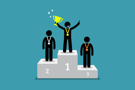Champion standing on a podium with first and second runner up. Vector artwork depicts champion, winner, triumph, and greatest.のイラスト素材