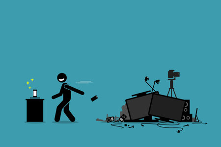 Tech Trash Problem. Vector artwork depicts a man throwing away old phone and other outdated devices...