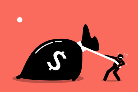 A man is struggling to pull a big bag of money because it is too heavy. Vector artwork depicts greed and wealth.のイラスト素材