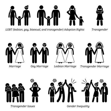 Social Problems Stick Figure Pictogram Icons. Illustrations depicts LGBT issues of adoption rights, marriage, and gender inequality.のイラスト素材