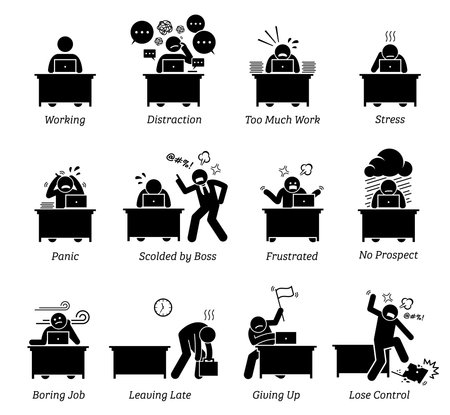 Worker working in a very stressful office workplace. The employee is distracted, having too much work, frustrated and scolded by boss. The job is boring, tiring, inefficient and has no prospect.