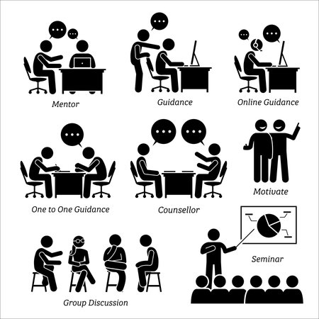 Mentor guidance for business executive. The company business training are mentoring, personal guidance, online teaching, one to one coaching, counselor, motivation, group discussion and seminar.のイラスト素材