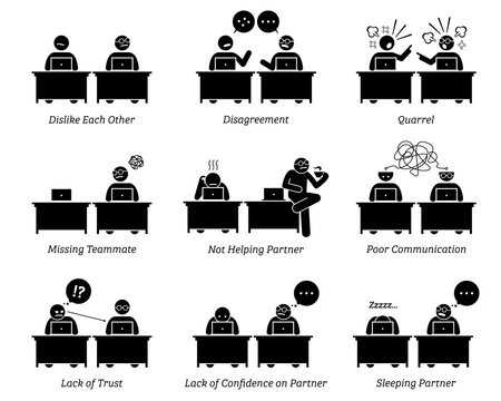 Colleague and business partners working together inefficiently in workplace office. The business team has disagreement, quarrel, and poor communication skill. They dislike and distrust each other.