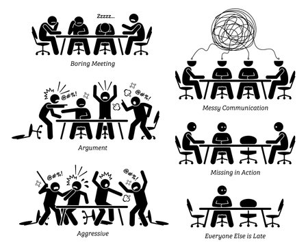 Executives having ineffective and inefficient meeting and discussion. The businessmen have a boring meeting, messy communication, argument, and a fight. Business partner is also late for the meeting.