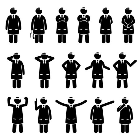 Basic Doctor Poses and Postures. Stick figure pictogram depicts various doctor expression, movements, body gestures, and feelings.のイラスト素材