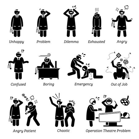 Busy and Unhappy Doctor. Stick figure pictogram depicts a doctor that is feeling unhappy, dilemma, exhausted, angry, confused, and boring. Doctor is having a lot of problems in clinic and hospital.のイラスト素材
