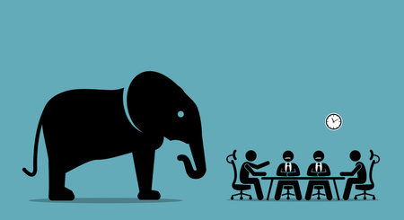 Elephant in the room. Vector artwork illustration depicts the concept of obvious problem, avoiding difficult situation, and evading unpleasant scenario.のイラスト素材