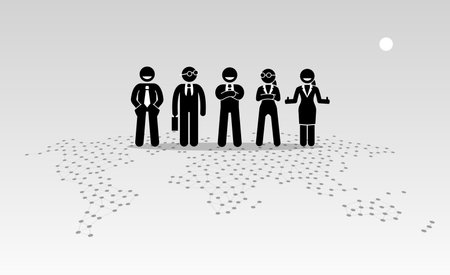 Businessmen and businesswomen standing on top of a world map. Vector artwork depicts the concept of globalisation and international organization.のイラスト素材