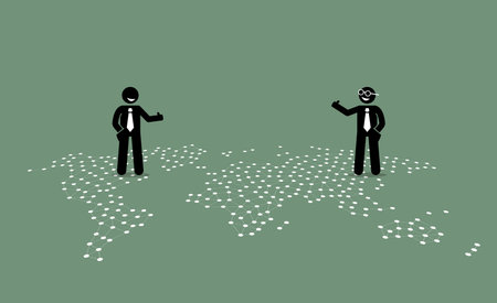 Two businessman of different countries giving thumb up to each other on top of a world map. Vector artwork depicts respect, cooperation, treaty, and good relationship between two countries.のイラスト素材