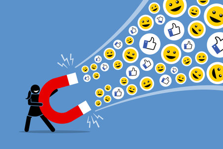 Woman using a big magnet to attract social media likes thumb up, and smiles. Vector artwork illustration depicts the concept of social media attraction, likes, hype, viral and the Internet technology.のイラスト素材