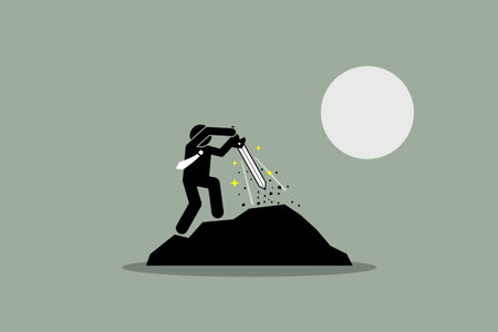 Businessman pulling Excalibur sword out from a rock. Vector illustration depict the concept of destiny, success, prospect, potential, the chosen one, and fate.のイラスト素材