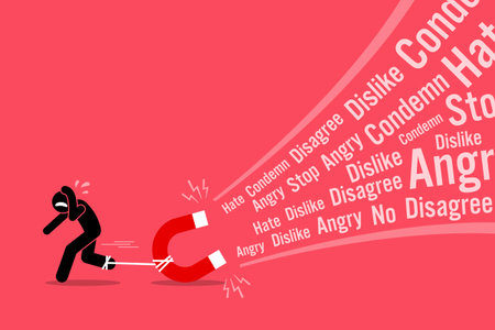 A man creating a lot of hates and dislikes on his social media. Vector artwork illustrations depict the concept of social media, hatred, angry, displease, unhappiness, and disgust by post and message.のイラスト素材
