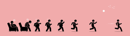Fat man getting up, running, and become thin transformation. Vector artwork concept shows a stage by stage of an obese man turning himself into a healthy body by running.のイラスト素材