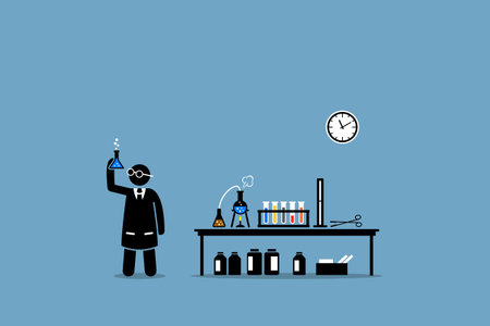 Scientist examining the result of his chemical lab experiment. Vector artwork depicts experiment, breakthrough, scientific invention, trials, and laboratory test.のイラスト素材