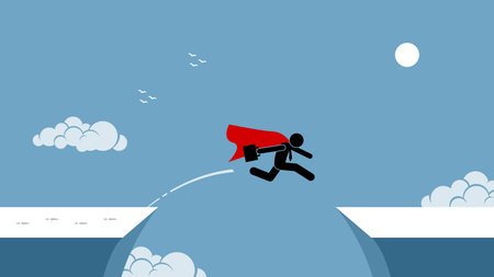 Businessman with red cape taking risk by jumping over a chasm. Vector artwork depicts the concept of courage, risk taking, bravery, determination, daring, and bold.のイラスト素材