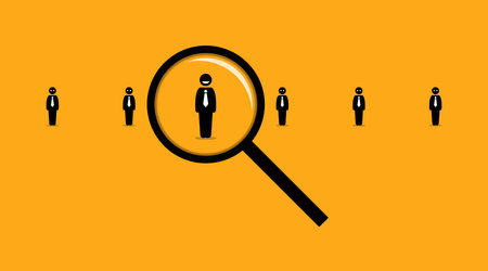 Using a magnifying glass searching for the right employee among many others job seeker. Vector artwork depicts the concept of employment, hiring, headhunter, recruits,  and human resources.のイラスト素材