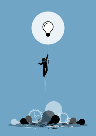 Innovator created a new working idea that is functioning. Flying up to the sky on a light bulb. Vector artwork depicts the concept of novelty, breakthrough, and inspiration.のイラスト素材