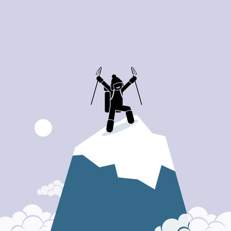 Happy man successfully climb on top of the mountain. Vector artwork depicts the concept of success, self achievement, and accomplishment.のイラスト素材