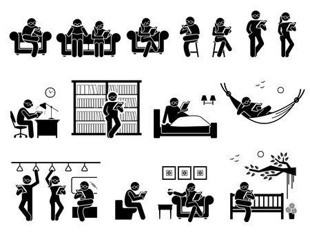 Pictogram depicts man and woman sitting and standing to read book on couch, chair, table, library, bed, hammock, train, toilet, coffee shop, and garden park.のイラスト素材