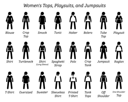 Women tops, playsuits, and jumpsuits. Stick figures depict a set of different type of tops, t-shirt, shirts, playsuits, and jumpsuits. This fashion clothing designs are wear by female, lady, and girl.のイラスト素材