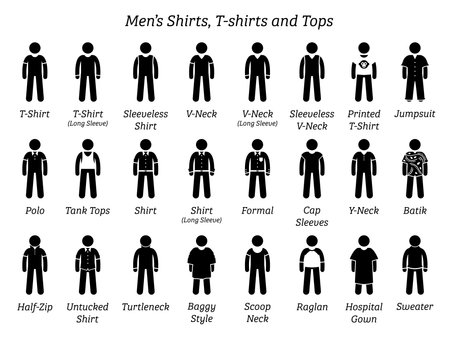 Men shirts, t-shirts, and tops. Stick figures depict a set of different types of shirts, t-shirts, and tops. This fashion clothings design are wear by men or male.のイラスト素材